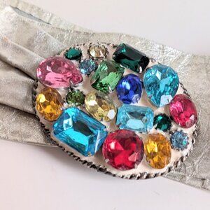 Vtg Leatherock Silver Leather Belt w/Enemaled Colorful Rhinestones Buckle Sz:S/M
